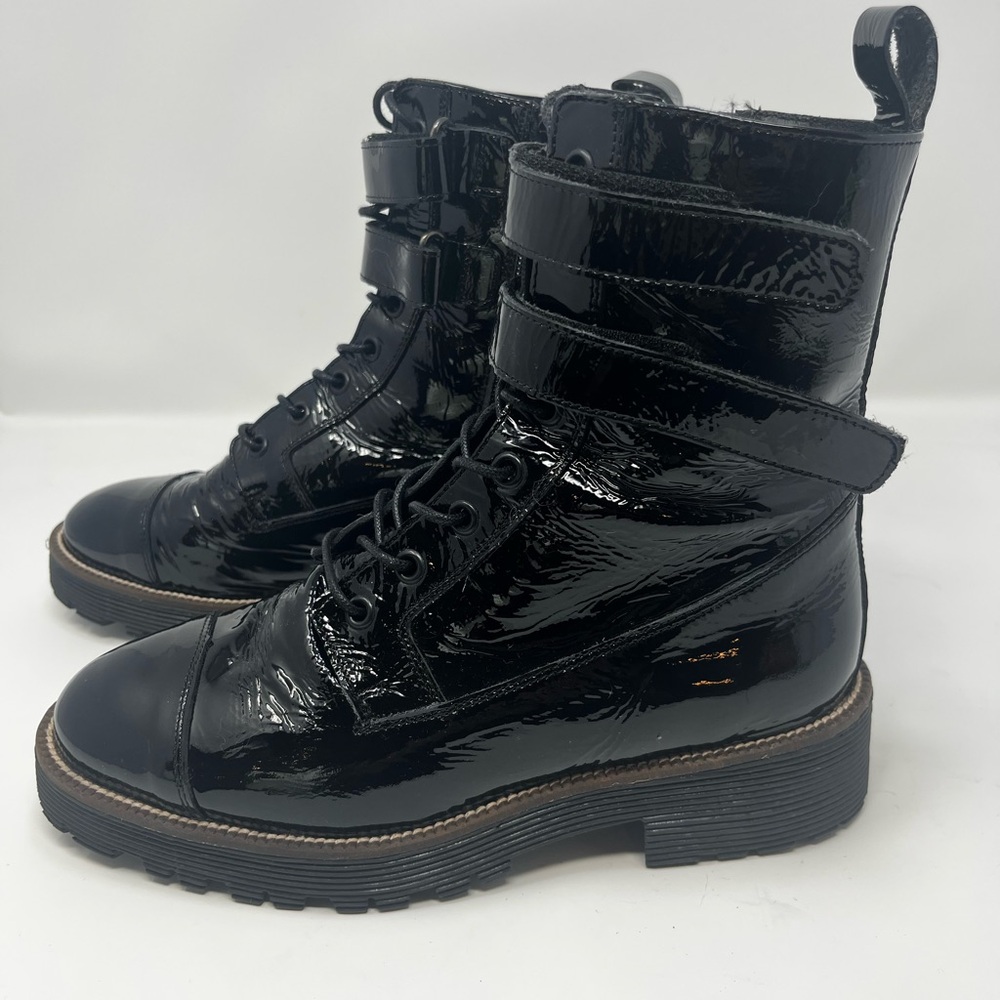 Shellys London Tyra Women’s Black Patent Combat Boots Made in Spain Size 38